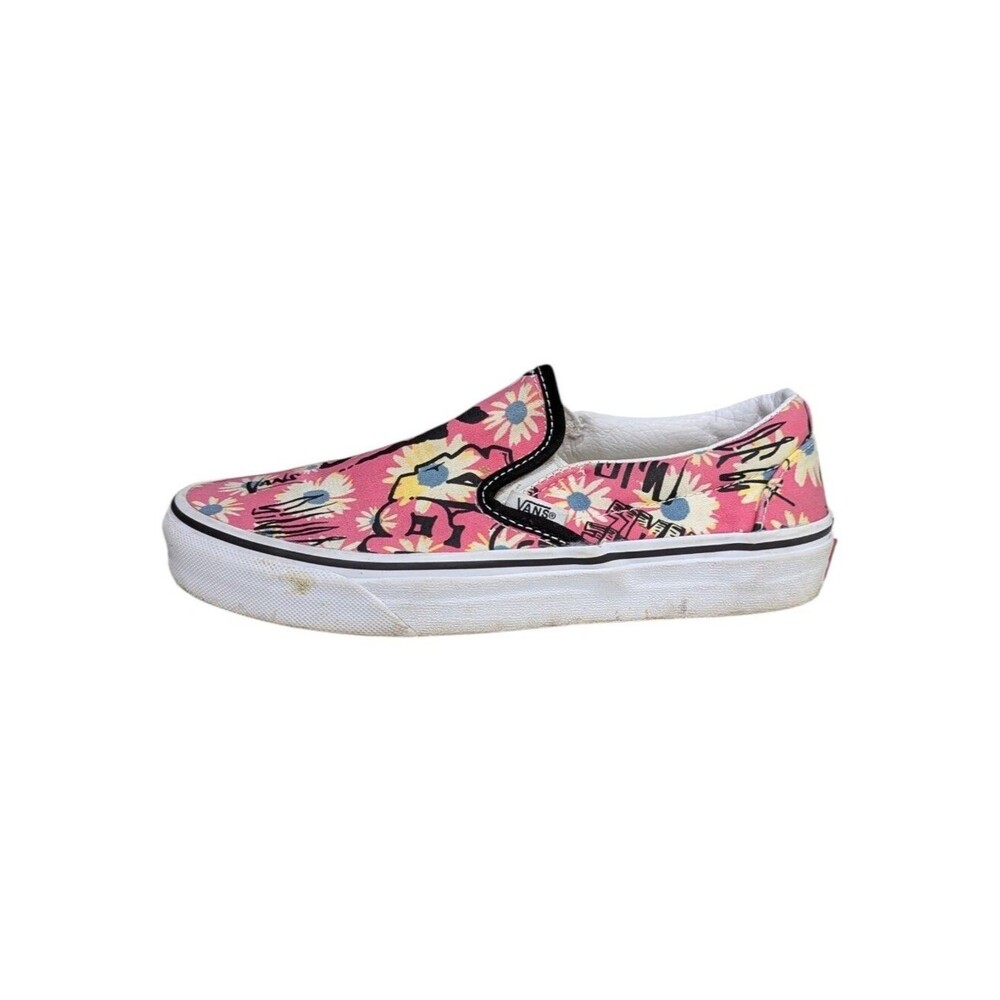 Vans Kids Slip On Canvas Sneaker Pink Floral Black Graffiti Shoes Girls Size 4.5